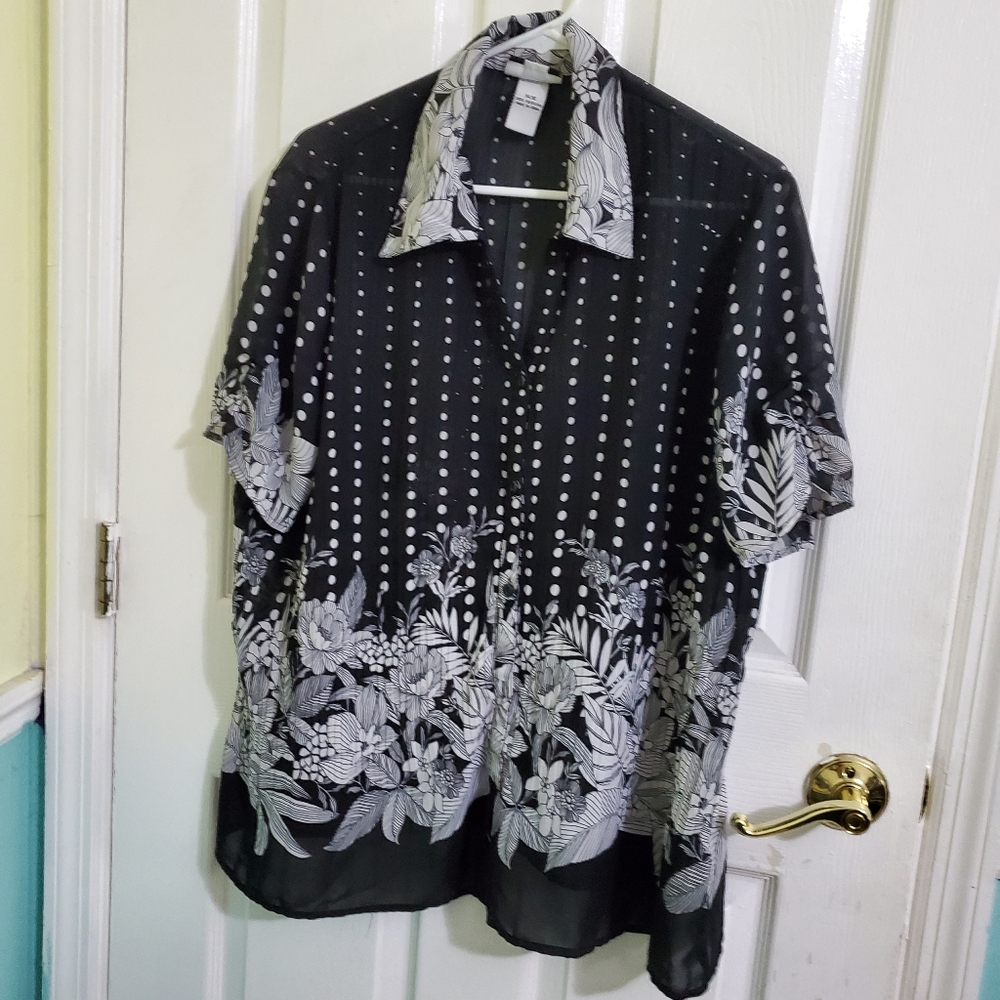 Studio 1940 Black & White Floral Polka Dots Buttoned Shirt Minimalist Casual 14